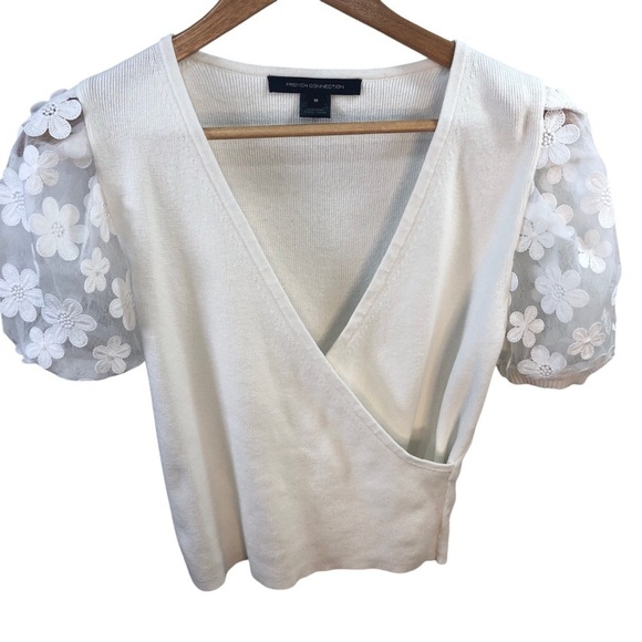 French Connection Women M White Knit Sweater Top Faux Wrap Cottagecore Victorian - Picture 1 of 6